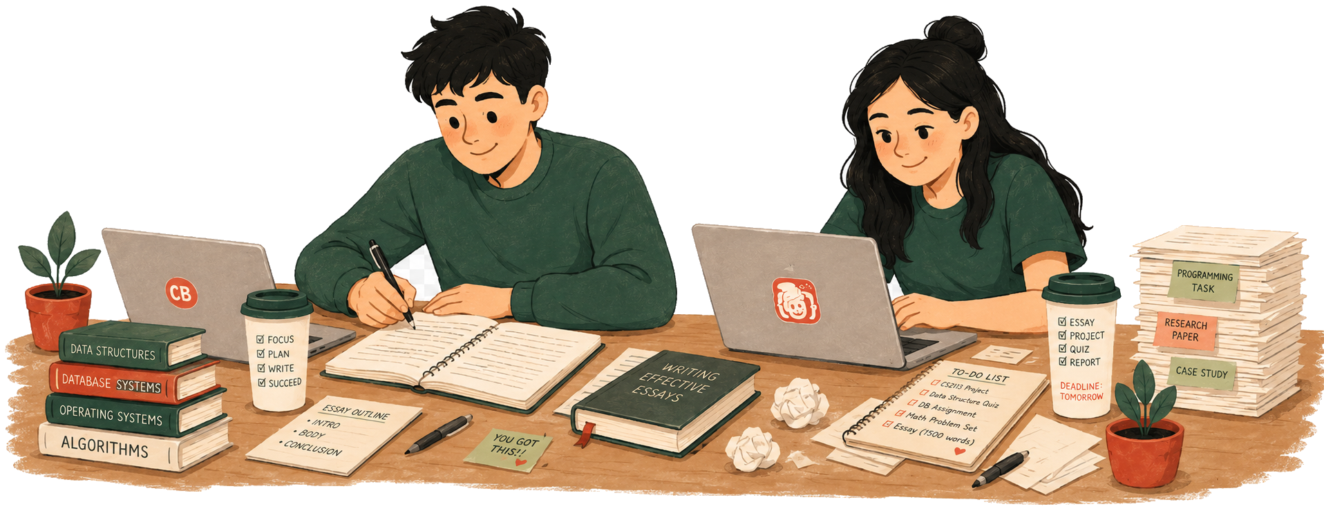 Two CodedByHumans graduates writing essays and code by hand at their desks