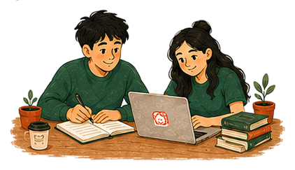 Two CodedByHumans graduates studying together, drawn by hand